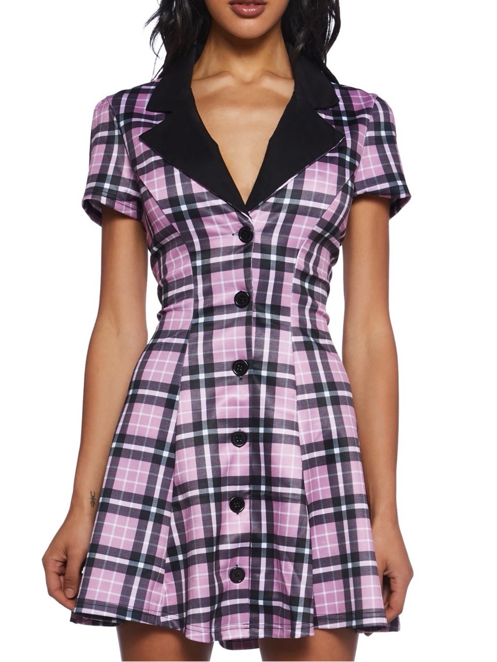 Dolls Kill Purple Plaid Button-Front Mini Dress with Black Collar